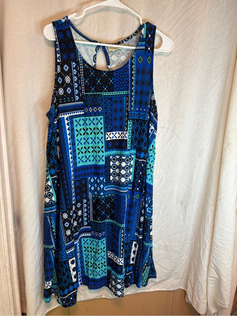 Bobbie Brooks Plus Size 1X Tank Dress Knee Length Graphic Patchwork Pattern Blue